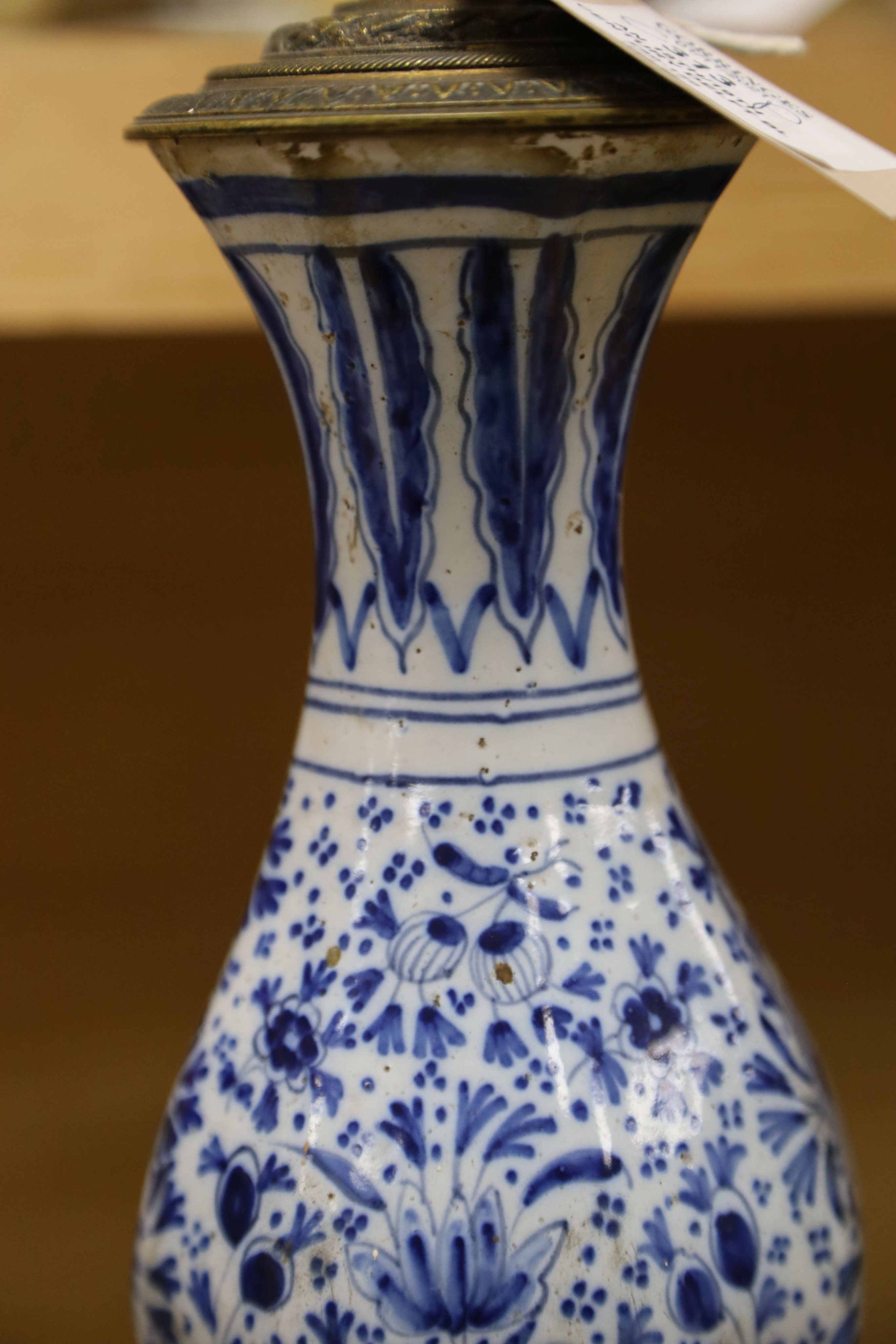 An 18th/19th century Delft blue and white octagonal double gourd vase, mounted as a lamp 50 cm